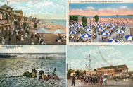 Vintage postcards from Midland Beach (upper left and lower right), South Beach (lower left), and Orchard Beach (upper right). Credit: Collection of Staten Island Institute Art & Sciences (Midland Beach and South Beach postcards) and Adrian Benepe (Orchard Beach postcard).