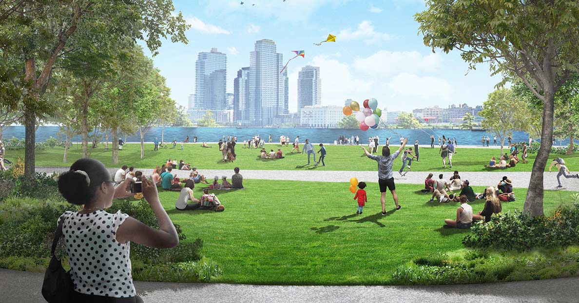 A rendering of the lawn at the rebuilt East River Park