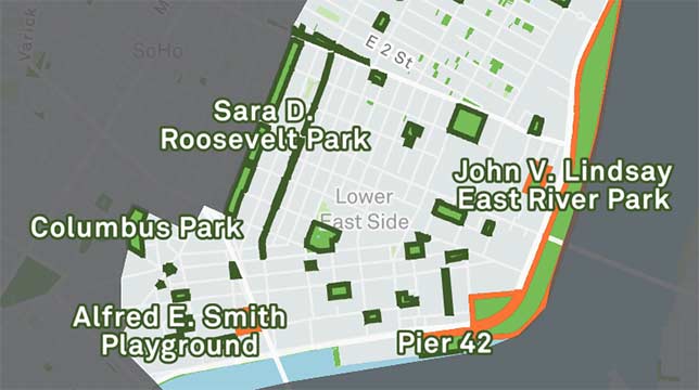 A section of a map of Manhattan’s East Side displaying open spaces.