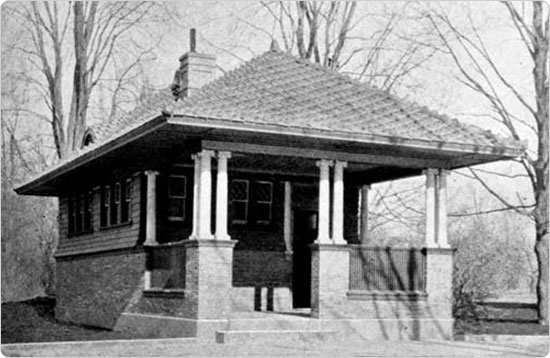 A women's bicycle shelter in Prospect Park, circa 1896. Source: 36th Annual Report of the Department of Parks of the City of Brooklyn.
