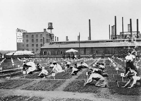 1908 Parks Annual Report image of children tending the De Witt Clinton Park Farm Garden.