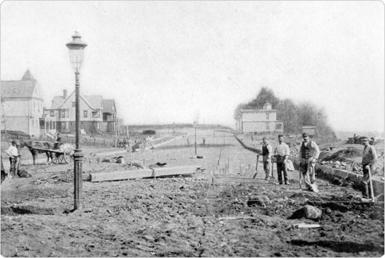 Workers starting the extension of New York's Eastern Parkway around 1896. Olmsted & Vaux's tree–lined parkways incorporated nature into the plans for additional roads to accommodate increased population. Image of Workers starting the extension of New York's Eastern Parkway around 1896. Olmsted & Vaux's tree–lined parkways incorporated nature into the plans for additional roads to accommodate increased population.