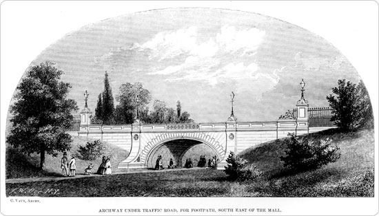 "Archway under traffic road, for footpath, south east of the mall.? From an 1859 annual report. An example of the advances Olmsted & Vaux made in balancing pedestrian needs with transit needs. Image of ?Archway under traffic road, for footpath, south east of the mall." From an 1859 annual report. An example of the advances Olmsted & Vaux made in balancing pedestrian needs with transit needs.