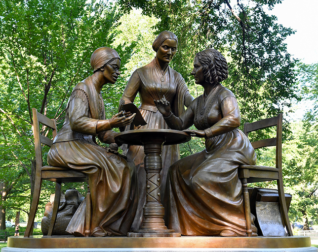 A historic lifelike bronze scuplture of three women (Sojourner Truth, Susan B. Anthony, and Elizabeth            Cady Stanton).