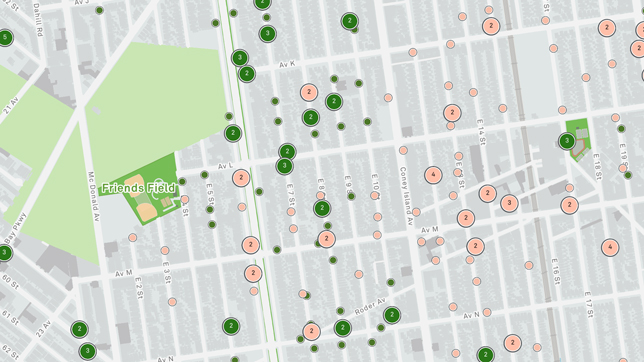 screenshot of a tree work hub map with tentaive tree points in light orange and completed tree points in green