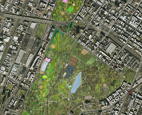 Satellite map detail focusing on Crotona Park and Walter Gladwin Park (fka Tremont Park)