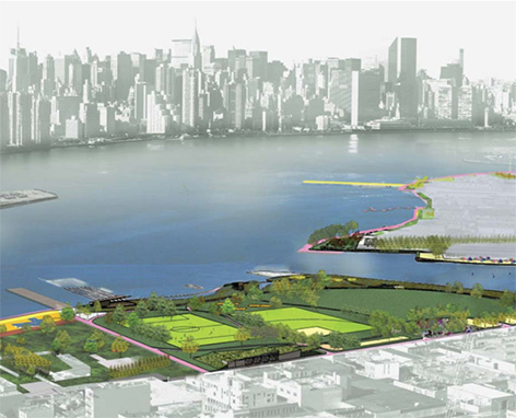 Overhead rendering of proposed changes to northern Brooklyn waterfront parks