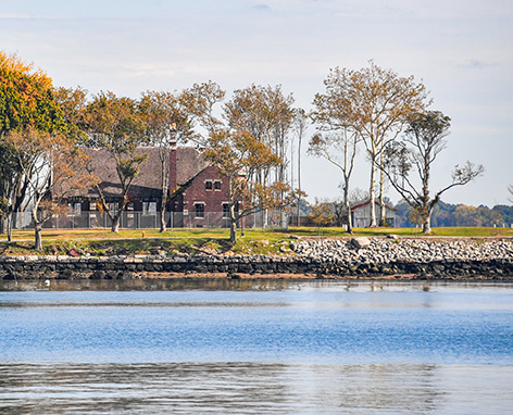 Trees and structures on Hart Island seen in side view from the river