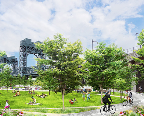 Rendering of improvements to the Manhattan Greenway with the RFK Bridge in the background