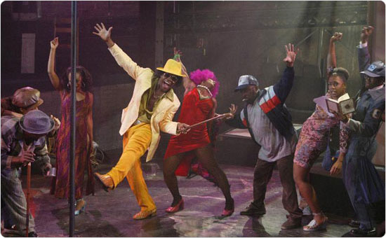 A lively scene from Ain’t Supposed to Die a Natural Death, a presentation of CityParks Theater and the Hip-Hop Theater Festival.