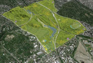 Aerial View of Van Cortlandt Park with an overlay of the park outline