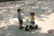Two toddlers communicate in park 